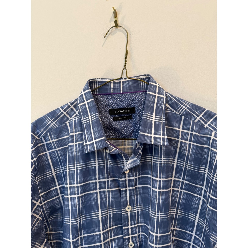 Medium Bugatchi Uomo blue and white plaid patterned inner collar lining